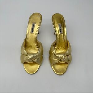 Miu Miu Metallic Gold Knotted Leather Slide Sandals